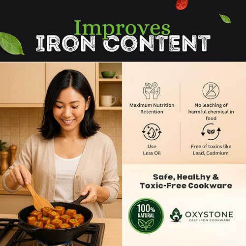 Image of kyyte OxyStone Pre-Seasoned Cast Iron Frying Pan 10 Inch (26 cm) Dia,Pasta,Saute Pan,Shallow Frying,Naturally Nonstick Cast Iron,100% Pure and Toxin-Free,No Chemical Coating,Gas,Induction,OTG Friendly