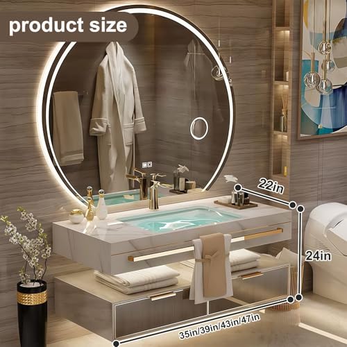 Modern Suspended Vanity with Sink, Wall-Mounted Bathroom Vanity with Quartz Countertop, No Assembly Required, Glass Included | LED Smart Demisting Mirror Cabinet, Sensor Light, Open Storage Shelves