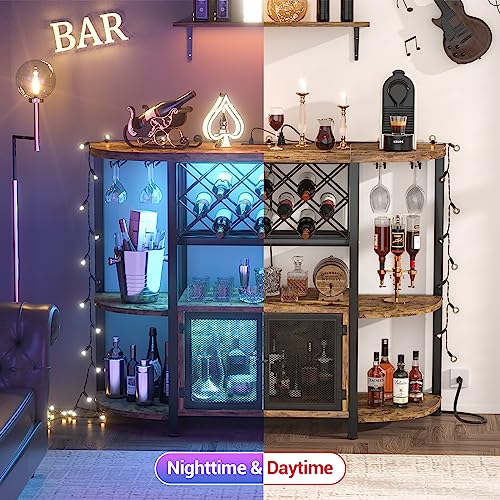 Unikito Freestanding Wine Bar Cabinet With Led Lights And Power Outlets, Industrial Coffee Bar Cabinet For Liquor And Glasses, Liquor Bar Cabinet With Mesh Door, Bar Table With Wine Rack, Rustic Brown #TOP5