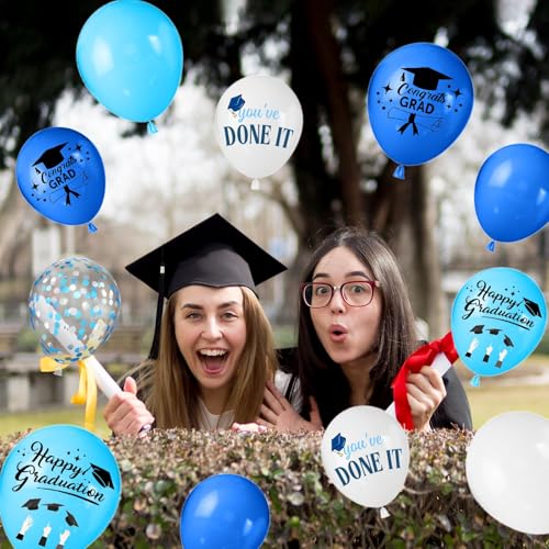 Image of Navy Blue and White Graduation Balloons 12 Inch Graduation Print Balloons