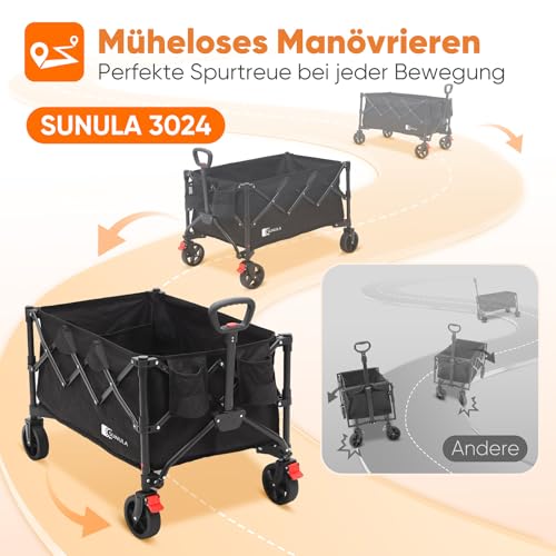 SUNULA Bollerwagen Faltbar Tragkraft 120KG, Klappbarer Handwagen mit EIN-klick-Handgriff & 4-seitig zusammenfaltbar, Geländegängig Räder mit Bremsen 150L, Schwarz