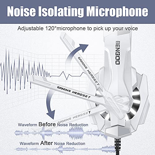 Image of BENGOO Pro Gaming Headset for PS4 PS5 PC Xbox One Controller, Noise Cancelling Over Ear Headphones with Mic, LED Light, Bass Surround, Soft Memory Earmuffs for Laptop Mac - White