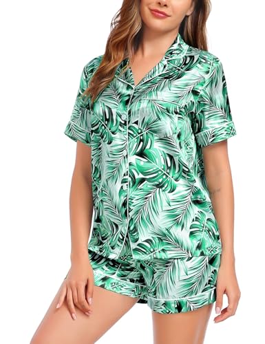 Image of SWOMOG Satin Matching Pajamas Sets Couple Silk Button Down Nightwear Women & Men Short Sleeve Sleepwear 2 Pieces Loungewear
