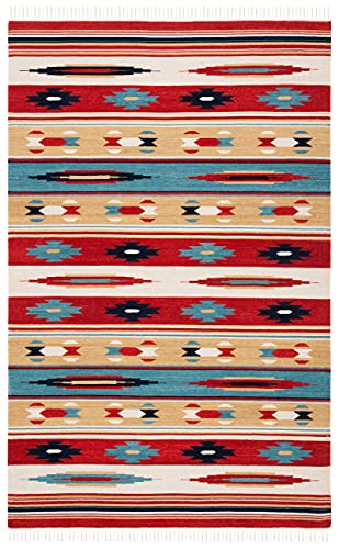 Safavieh Kilim Collection Area Rug - 5' x 8', Beige & Red, Handmade Flat Weave Wool, Ideal for High Traffic Areas in Living Room, Bedroom (KLM712A)