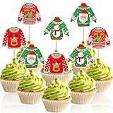 32 Pcs Christmas Ugly Sweater Cupcake Toppers – Festive Holiday Cake Decorations with Santa, Snowman, Reindeer, and Gift Designs – Cute Cupcake Picks for Winter Party, Classroom, or Family Gathering