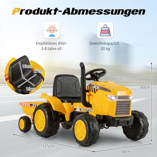 COSTWAY 12V Traktor mit Abnehmbarem Anhänger, Kindertraktor Elektrisch mit 2,4G Fernbedienung & Lichtern & Hupe & USB & MP3, Elektro Traktor für Kinder ab 3 Jahren (Gelb) – Bild 7