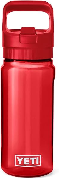 Close-up of the YETI Yonder 600 ml/20 oz water bottle in Rescue Red, highlighting its lightweight plastic construction and integrated carry handle.