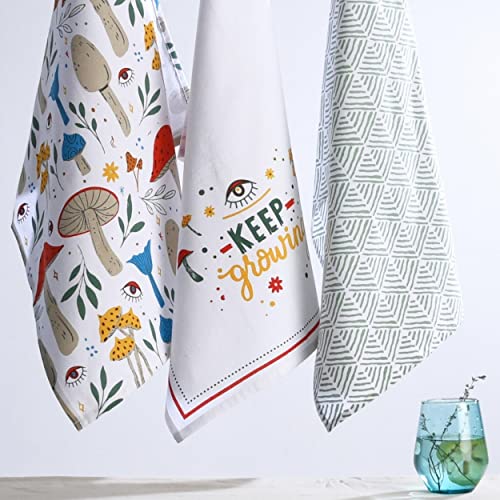 Folkulture Kitchen Towels With Hanging Loop, Set Of 3-100% Cotton Dish Towels For Mushroom Décor, Decorative Tea Towels Or Hand Towels For Farmhouse, Absorbent Dishcloths, 20" X 26" (Keep Growing) #TOP3