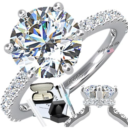 CMD Moissanite Engagement Ring 2.5 or 3ct, 6 Prong Brilliant Round Cut, Hidden Halo & Semi Eternity Pave Setting, 18K White Gold-Filled Vermeil, GRA Certified & Engraved, D Color VVS1, Ready to Gift