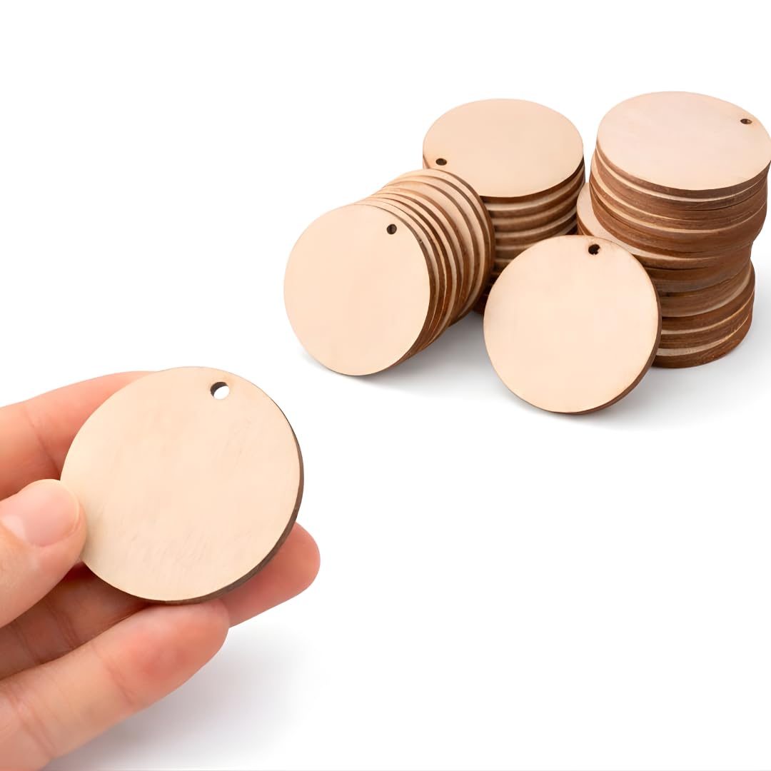 Round Pine MDF Cutouts with Hole (Pack of 50) | 1.5 Inch Wooden Circles | 2.5mm Thick Blank MDF Tags for DIY Crafts, Painting, Keychains, Hanging Ornaments & Gift Tags-image-45