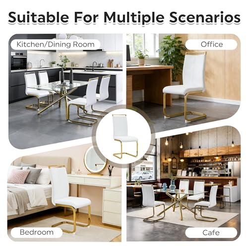 Image of Baysitone Modern Dining Chairs Set of 8, Side Dining Room Chairs with Golden Legs, Kitchen Chairs with Faux Leather Padded Seat High Back for Dining Room, Kitchen, Living Room White