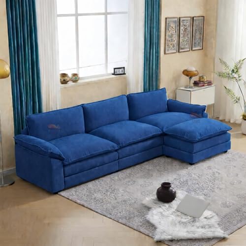 Image of SRMS Sectional Sofa Modern Deep 4 -Seat Sofa Couch | 3 + 1 ottoman | Chenille Sofa Sleeper Comfy Upholstered Furniture for Living Room, Apartment, Studio, Office | L Shape | Blue