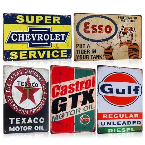 Lot de 5 Garage Plaque Metal Vintage Decoration - Atelier Panneau Pancarte Deco Murale - Retro Américaine Voiture Gas Station Cave Publicitaire 20x30cm (SET E)