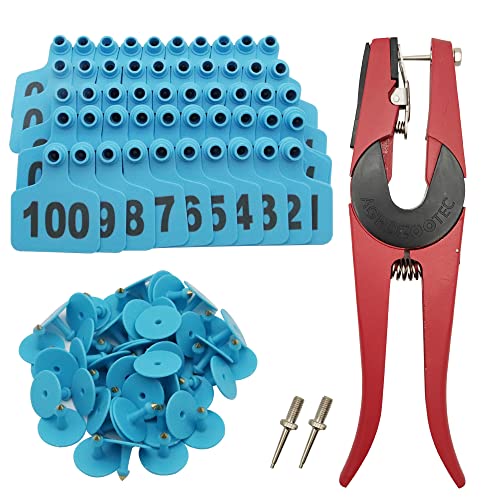 Cattle Ear Tags 001-100 Number Plastic Livestock Animal Tag for Cows Ear Tag Applicator Kit (001-100 Blue)