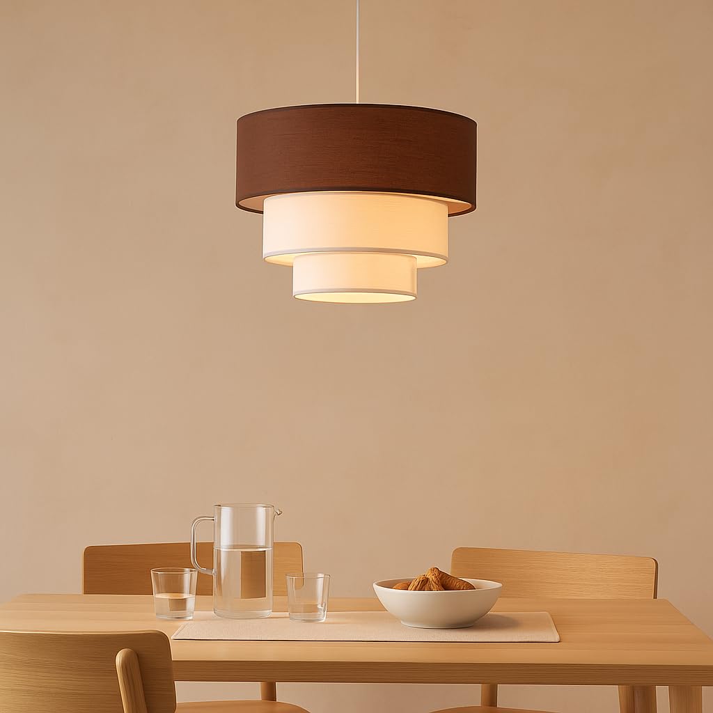 Alpinaluz Suspension textile marron et blanc à trois niveaux Ø38 cm - Abat-jour en tissu multicouche, culot E27, design moderne et décoratif pour salon, chambre et salle à manger