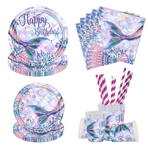 Aitsite Juego de 50 platos de fiesta de sirena, platos de fiesta de cumpleaños para 10...