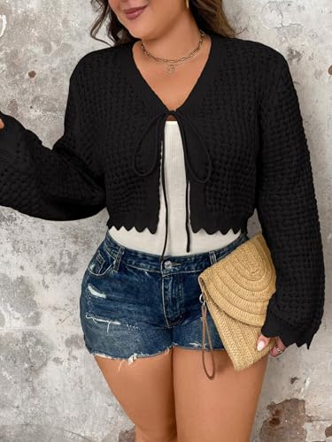 Women's Plus Size Tie Front Cardigan Hollow Out Bell Long Sleeve Crop Knit Tops Shrug Sweater2