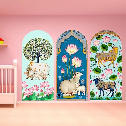 Image of Ridit Creation Traditional Indian Cow & Lotus Wall Poster Set of 3 | Sacred Cow, Lotus Flower and Tree Arch Artwork | Spiritual Mandir Wall Decor Posters for Living Room, Bedroom, Pooja Room | Decorative Multicolor Wall Art Posters