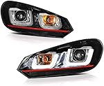 [For 2010-2014 Volkwagen MK6 Golf GTI VW Jetta Sportwagon Halogen Model] OLED Neon Tube Black Projector Headlight Headlamp Assembly, Driver & Passenger Side