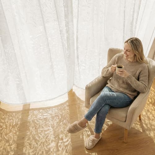 NICETOWN Vintage Lace Curtains 84 Inches Long, Romantic Light Filtering Flowers and Branch Semi Sheer Curtains for Living Room Bedroom French Door, 1 Pair, Rod Pocket, 52 x 84 Inch, Ivory Wh