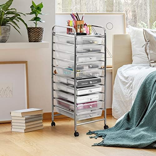 COSTWAY 10/20 Drawers Storage Trolley, Home Office Stationary Rolling Cart with 4 Wheels, Multipurpose Mobile Organiser Shelving Unit for Makeup Beauty Salon (10 Drawers, Transparent)
