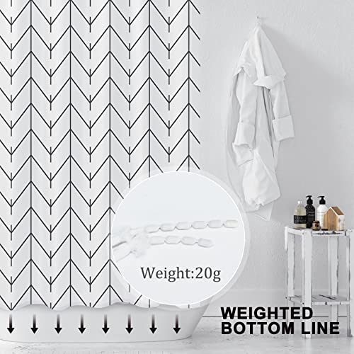 Gixige Black And White Herringbone Shower Curtain, Modern Geometric Chevron Striped Bathroom Decor, Waterproof Minimalist Fabric Polyester Set, With 12 Hooks 72 X 72 Inches #TOP2