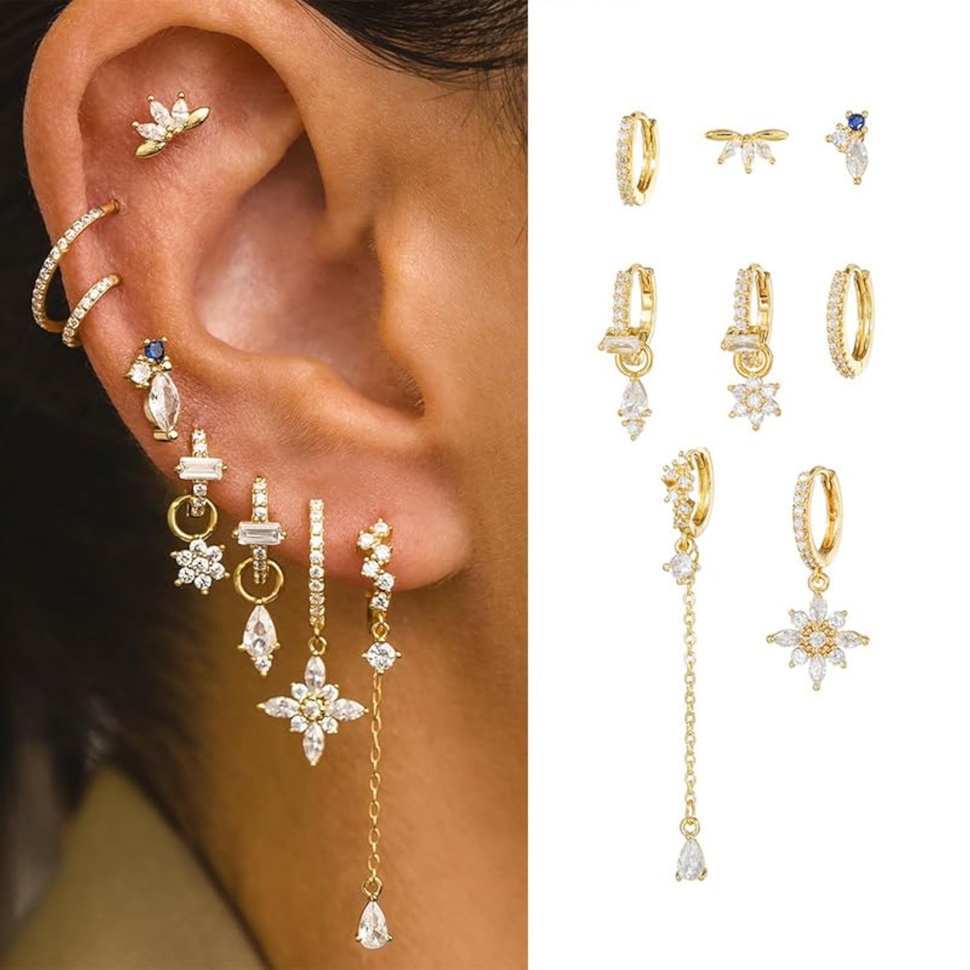Set of 8 Zircon 18K Gold Plated Earring Set, Dazzling