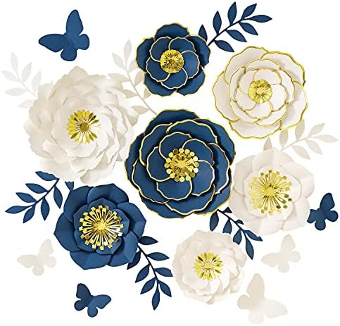 Paper Flowers Decorations for Wall, Large 3D Paper Flower Decoration, Giant Paper Flowers, Large Handcrafted Paper Flowers For Wedding backdrop, Nursery Wall Decor, bridle shower(White, Navy Set of 7)
