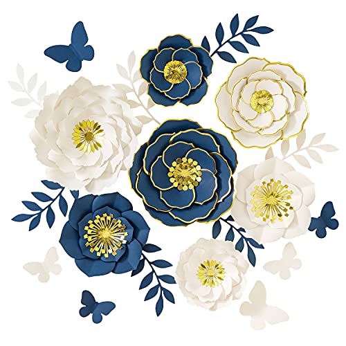 Paper Flowers Decorations For Wall, Large 3D Paper Flower Decoration, Giant Paper Flowers, Large Handcrafted Paper Flowers For Wedding Backdrop, Nursery Wall Decor, Bridle Shower(White, Navy Set Of 7) #TOP4
