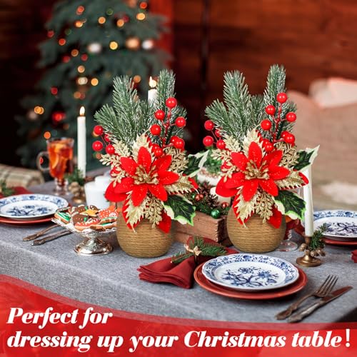 Zeyune 8 Pcs Christmas Poinsettias Artificial Christmas Flowers Floral Red Table Top Pinecone Poinsettia and Holly Berries Silk Flower Arrangements Decorative Pot Greenery Holiday Xmas Home Decor by Zeyune - Image 3