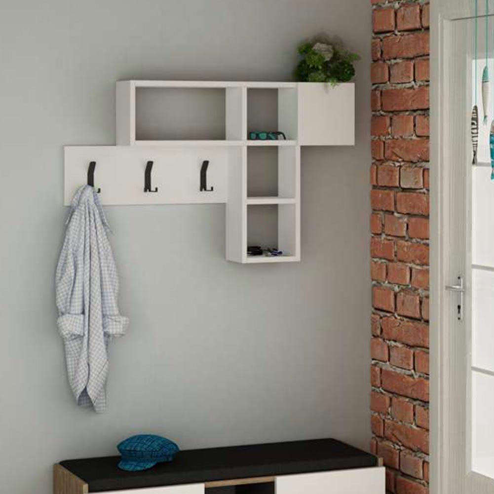 BAKAJI Appendiabiti Attaccapanni da Parete Muro con 9 Ganci Appendi Abiti e Scaffale Libreria 3 Ripiani Portaoggetti In Legno MDF Bicolore Design Moderno Dimensione 99,5 x 61 x 15 cm (Bianco)