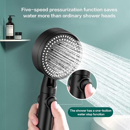 Handheld High-Pressure Shower With Software Tube Self-Adhesive Punch-Free Support Frame 5-Speed Water Outlet Mode Suitable For Rv Shower With Pause Switch Shower (Black) #TOP3