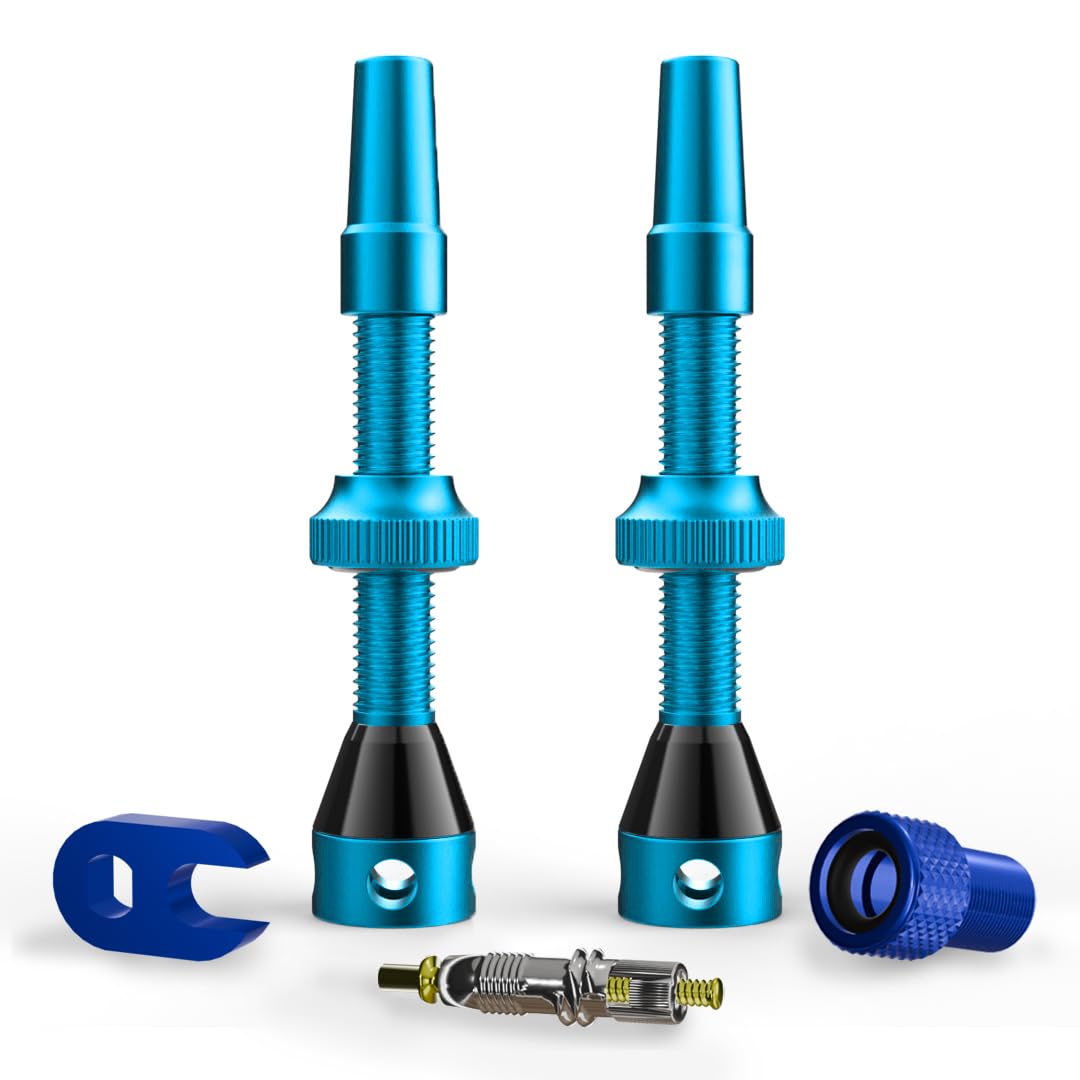 SHREDR. Kingpin Plus Tubeless Valve Set | Presta Tubeless Tire Valves | French Valve for Normal MTB Rims | Includes Valve Adapter, Replacement Valve and Tool (Light Blue, 44mm)