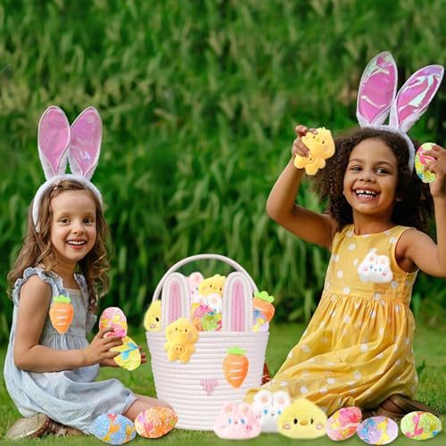 Image of Large Easter Basket for Kids Woven Easter Bunny Basket with Rabbit Ears, Bunny Egg Hunting Bag with Cute Rabbit Chicken Carrot Plush Decorations for Girls Boys Spring Presents
