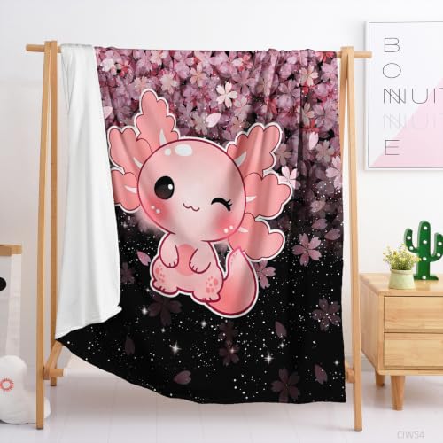 QOOMO Kawaii Axolotl Kids Flannel Blanket 70“x55”, Cute Animal Super Soft Warm Cozy Flannel, Pink Lightweight Flannel Blanket Suitable for All Seasonss