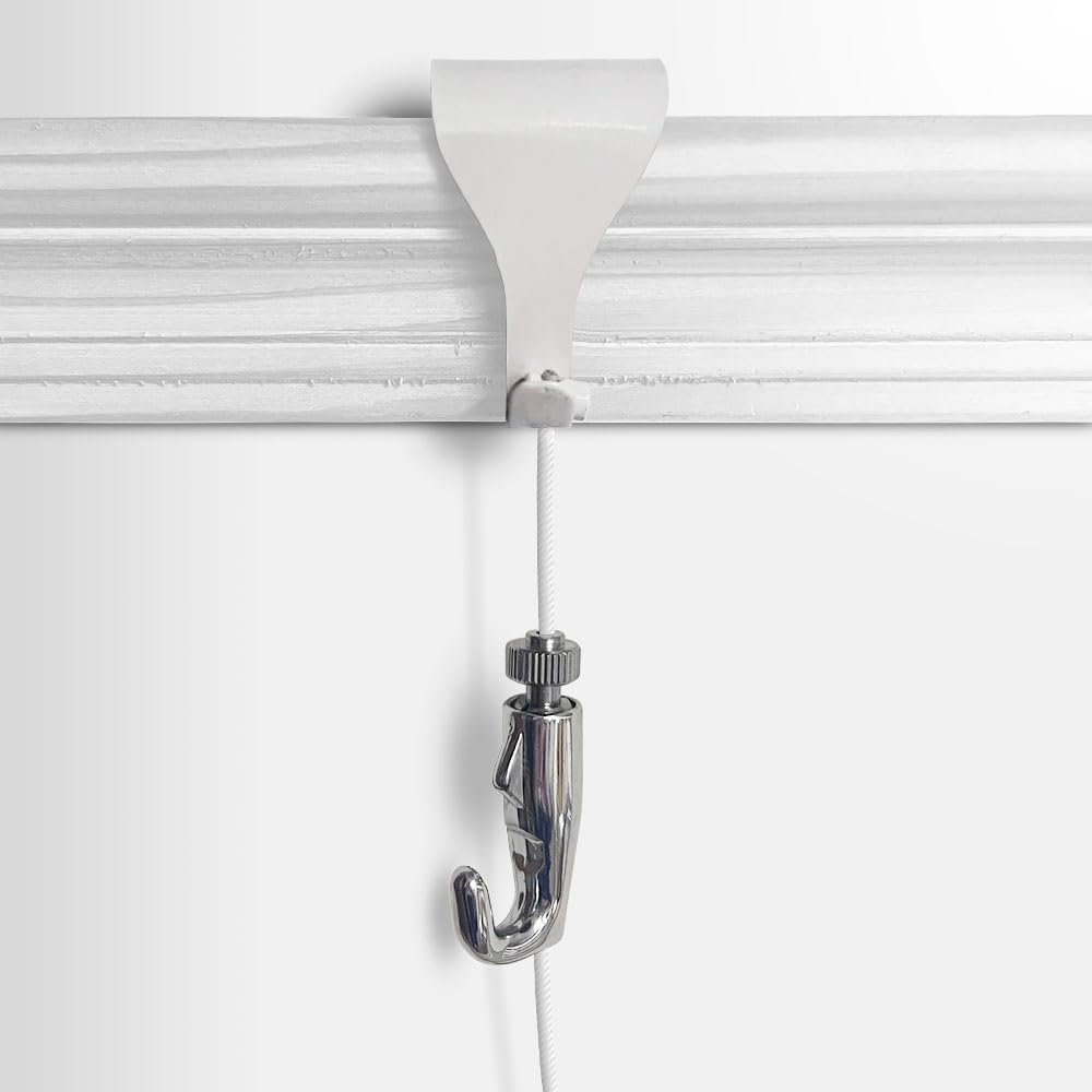 Heavy Duty White Moulding Hook with White Wire Rope Cable Kit 30 KG Ready to use.Dado & Victorian Wooden Picture Rail Hanging Kit (3 M or 117Inches Cable)