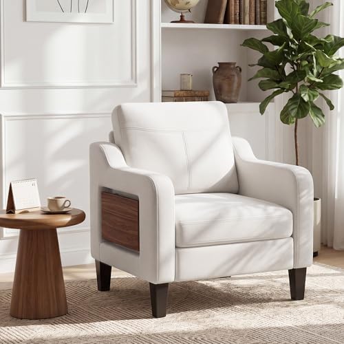 Accent Chair for Living Room, Mid-Century Upholstered Armchair with Foldable Table & 2 Side Pockets, Modern Linen Wooden Sofa Chair for Bedroom & Reading Room, Beige