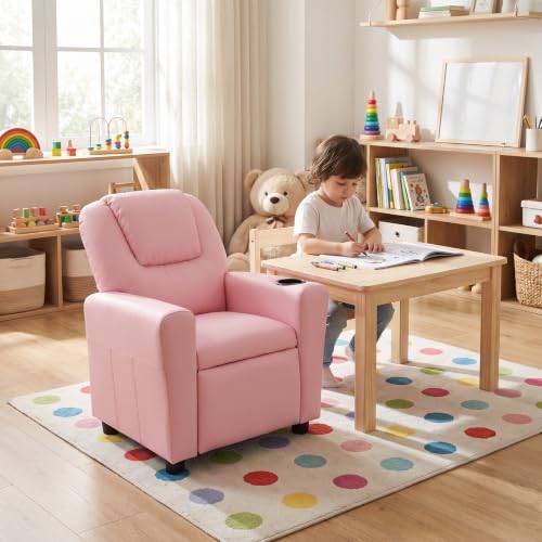 Image of 23 inch W PU Leather Recliner Chair with Cup Holder and Recline, Pink | Mini Recliner Chair Comfort with Adjustable Footrest & Backrest, Youth Boys Girls Recliner for Reading, Gaming, TV, Lounging