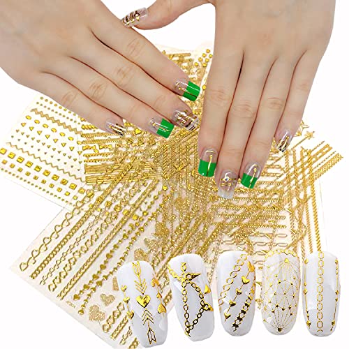 Gold Chains Nail Art Adhesive Stickers, 3D Metallic Chains Line Triangle Heart Circle Shape Nail Decoration, Holographic Glitter for Women Manicure Tips