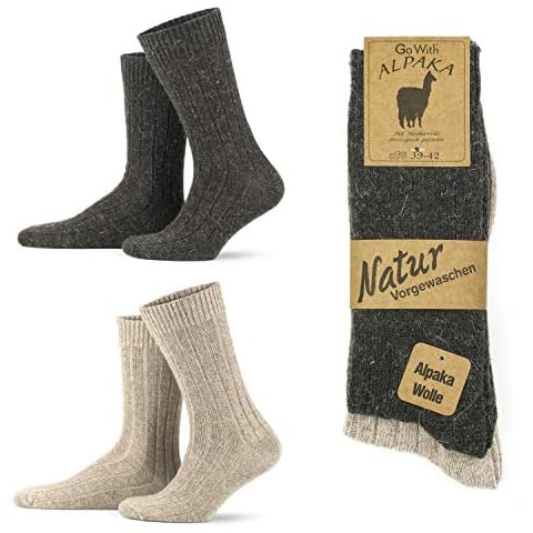 Alpaca Wool Socks, 2 pairs pack, men and women, soft, fine knitted, thick, warm, thermal affect, natural wool boot socks hiking camping bed socks brown grey UK size 3-5 6-8 9-11 (9-11, Brown/Beige) Cover