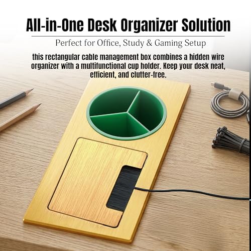Image of Aluminum Alloy Desk Grommet - Rectangular Metal Cable Wire Hole Cover With Flip Lid & 3-Slot Multifunctional Cup For Computer Table & Furniture - Cord Organizer (200mm*90mm, Golden)