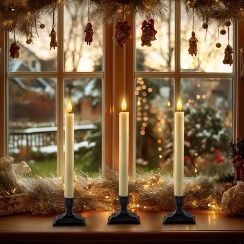 Image of Homemory Real Wax Window Candles with Remote Timer Dimmer, Flameless Taper Candles with Holders, Christmas Candle for Window Battery Operated, LED Candlesticks for Home Holiday Decor,6 Pcs Ivory