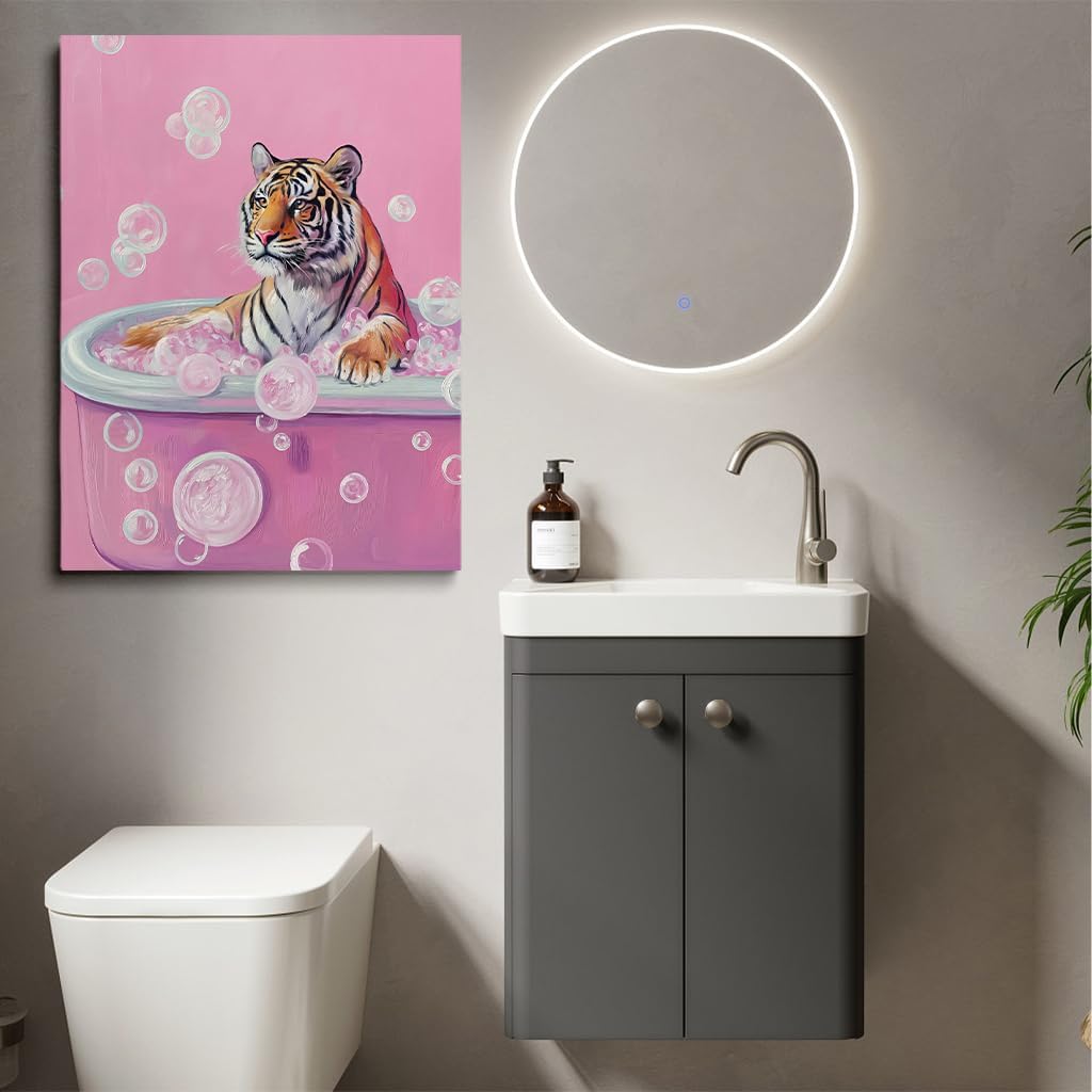 Pink Bathroom Wall Art, Tiger in a Bathtub Maximalist Painting, Vertical Bright Pastel Pink Preppy Poster, Trendy Girly Bathroom Decor 16x24in Large Frame wall art