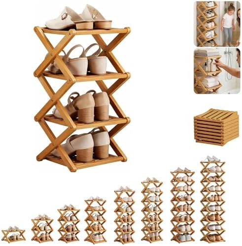 The 9-Tier No-Assembly Bamboo Rack (2–9 Tier), Folding Shoe Storage Rack, Zero Assembly Required and Space-Saving, Strong Load-Bearing Capacity for Closet, Apartment (Walnut Wood Color, 8 Tier)