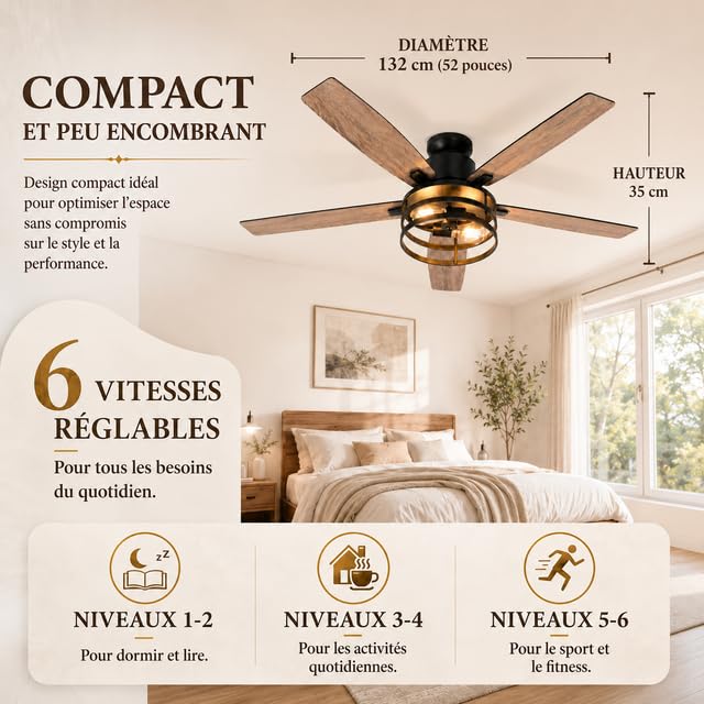 Rosnek Ventilateur Plafond avec Lumière et Télécommande, Ventilateur Silencieux en Cage 132 cm, 6 Vitesses & Minuterie, Moteur DC Réversible, 5 Pales en Bois Réversibles pour Chambre Salon Terrasse