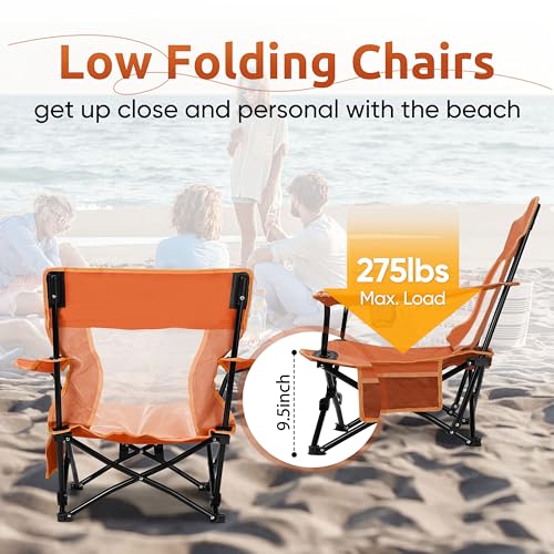 Image of HaSteeL Folding Beach Chair Set of 2, Foldable Orange Camping Chairs for Outside, Low Beach Chair Portable for Adults Fishing, Picnic, Outdoor BBQ, Travel, Sports, Cup Holder & Storage Bag