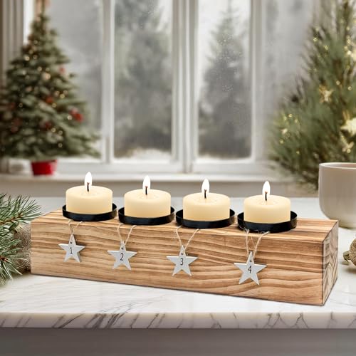 Corona De Adviento De Madera Alargada, Centro De Mesa Navidad, con 4 Candelabros, Portavelas Navidad, Moderno Soporte para Velas De Adviento, Salón, Decoración