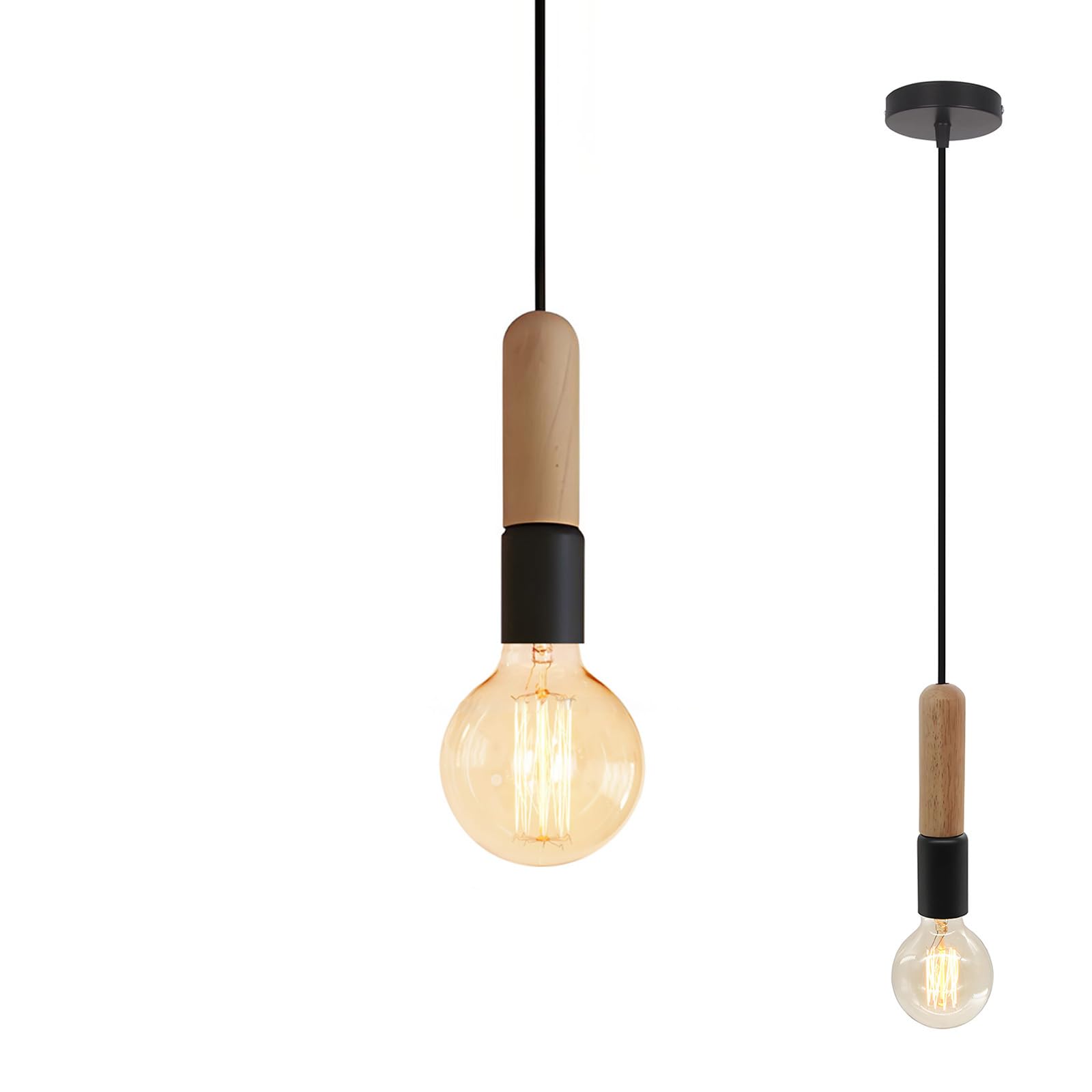 HJXDtech Modern E27 Pendant Light Fitting with Natural Wood Accent, 150cm Adjustable Cord, Hanging Ceiling Lamp for Kitchen, Dining Room & Living Room - Without Bulb (Black, 1-Light)