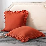 K MASANIJI 2 Pack Burnt Orange Euro Pillow Shams 26x26 inches, Pumpkin Rust Red Cotton Ruffle Soft E