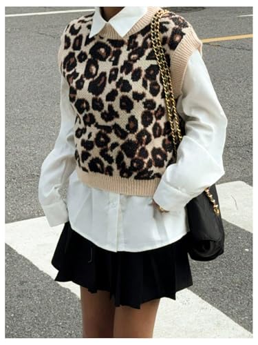 MakeMeChic Women's Leopard Print Vest Top Y2K Crew Neck Sleeveless Sweater Vests3
